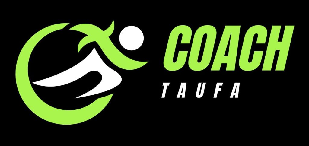 Coach Taufa logo lime green circular emblem with an abstract white figure set beside the lime text COACH TAUFA on black background