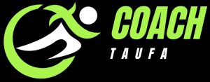 Logo for Coach Taufa featuring a lime green abstract figure and bold 'COACH TAUFA' text on a black background.